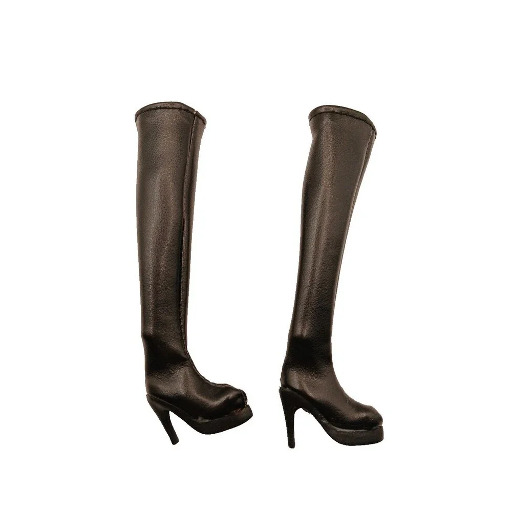 Black Pleather Slip On Over the Knee Boots Shoes for Fashion Dolls Marked 